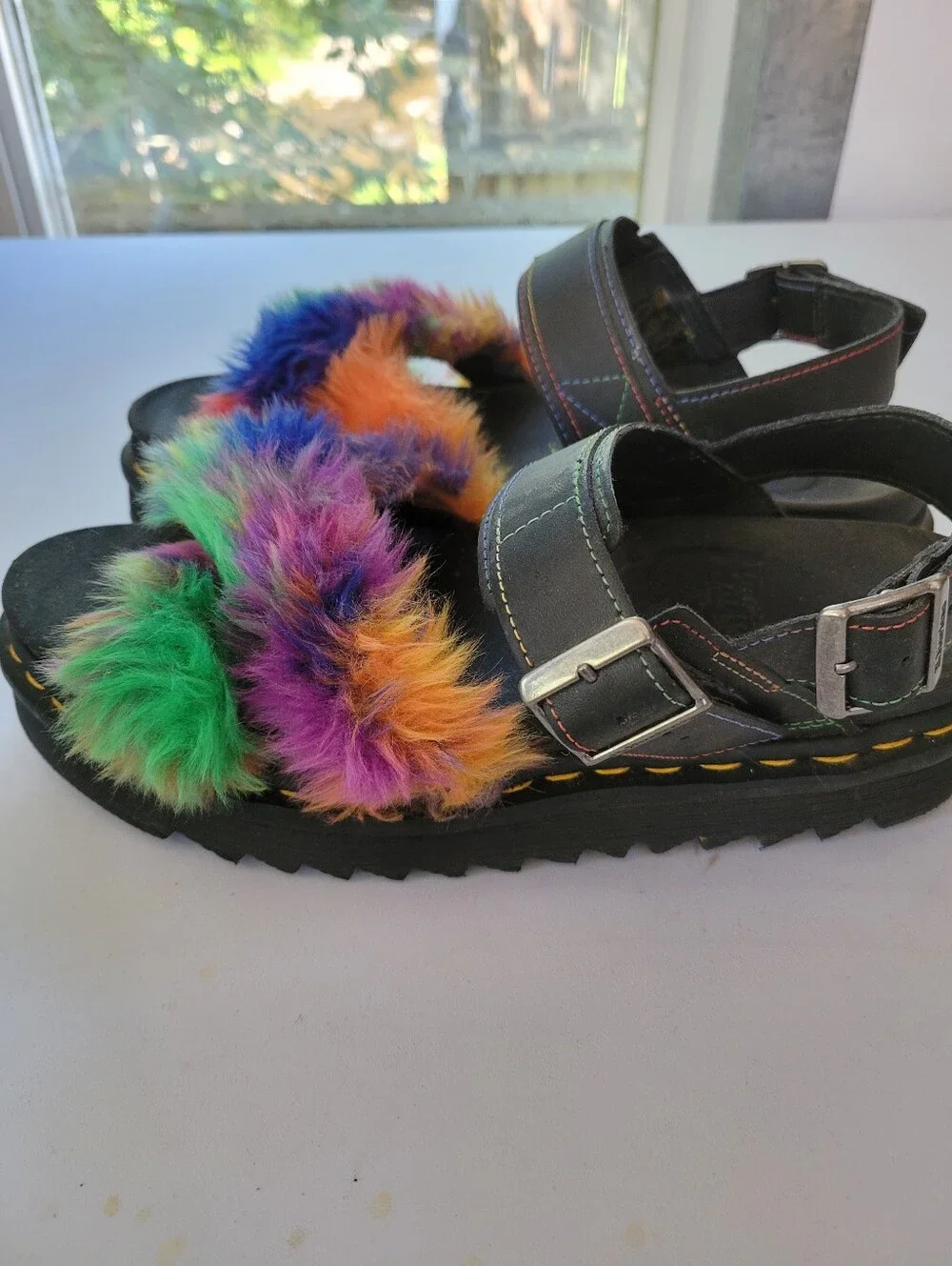 Dr. Martens 10 Black Platform Sandals with Rainbow Faux Fur Straps